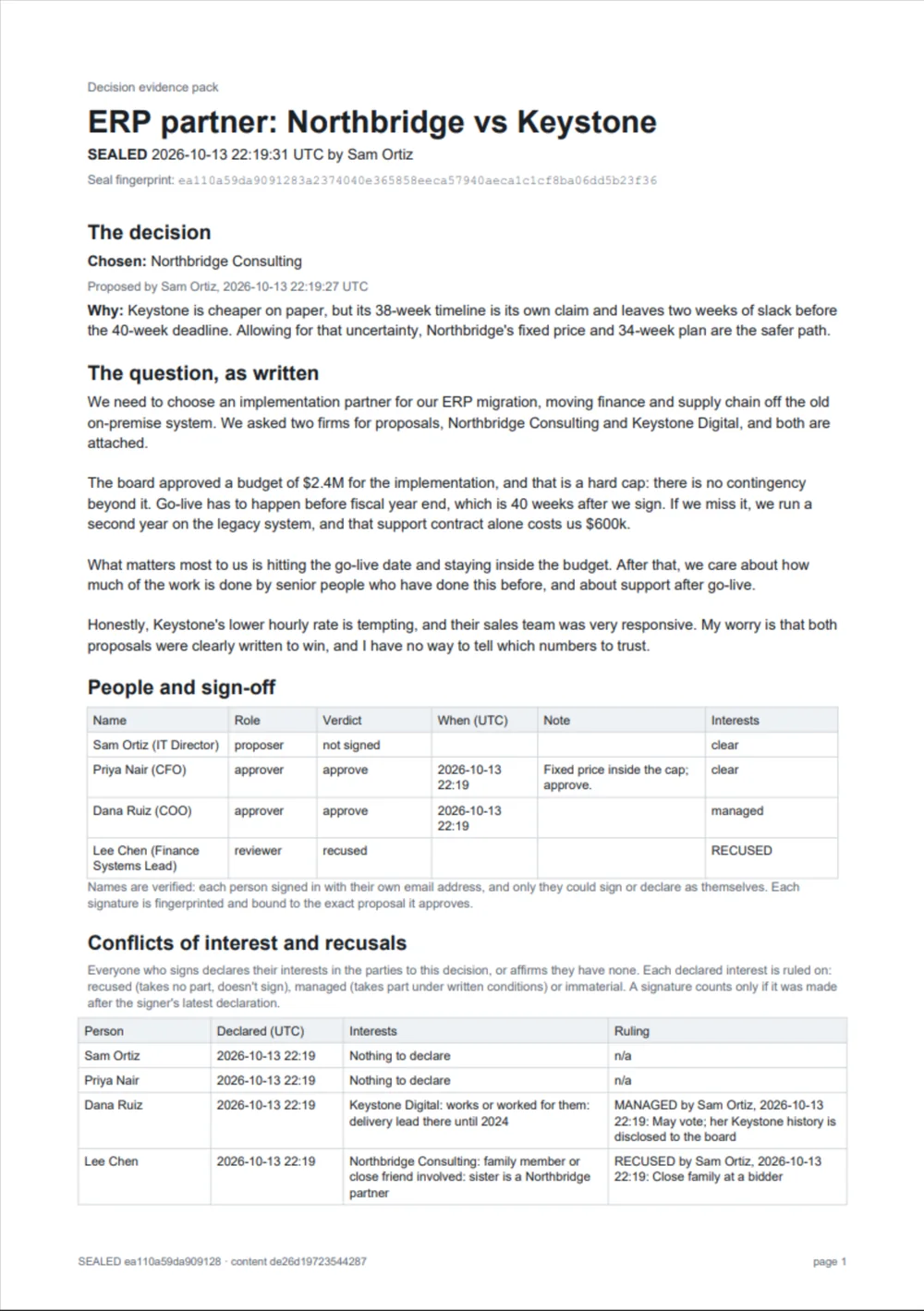 Page one of the evidence pack PDF: the decision, the reasoning, the question as written, people and sign-off, and conflicts of interest.