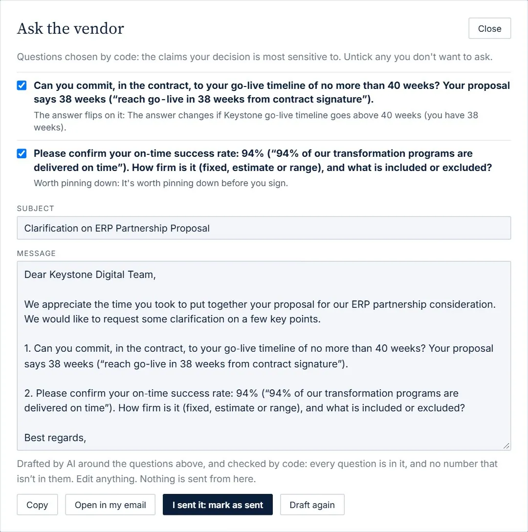 Ask the vendor: two questions chosen by code, with why, and an email drafted around them