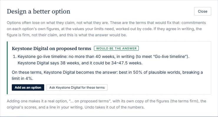 Design a better option: Keystone Digital on proposed terms, go-live no more than 40 weeks in writing, would be the answer