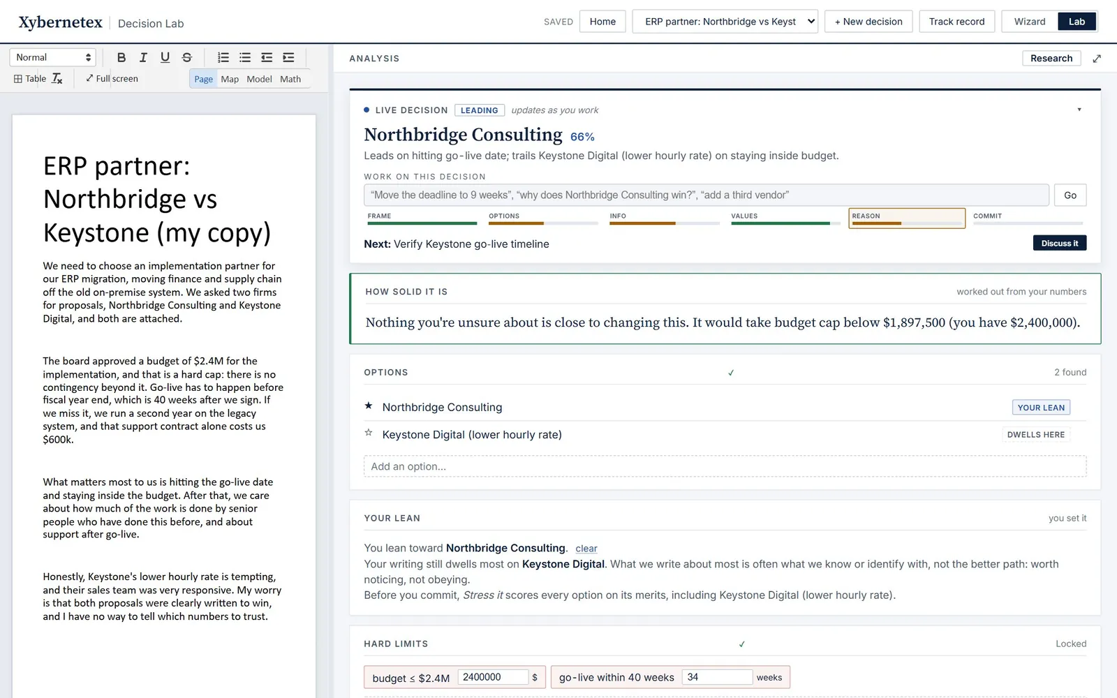 The Lab: the writing on the left, the analysis on the right with the live decision card at the top