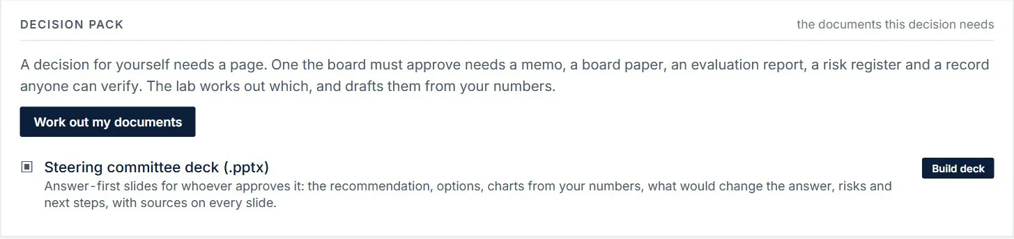Decision pack: Work out my documents, and the steering committee deck