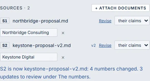 Sources: two proposals, the second at version 2, each with a Revise link