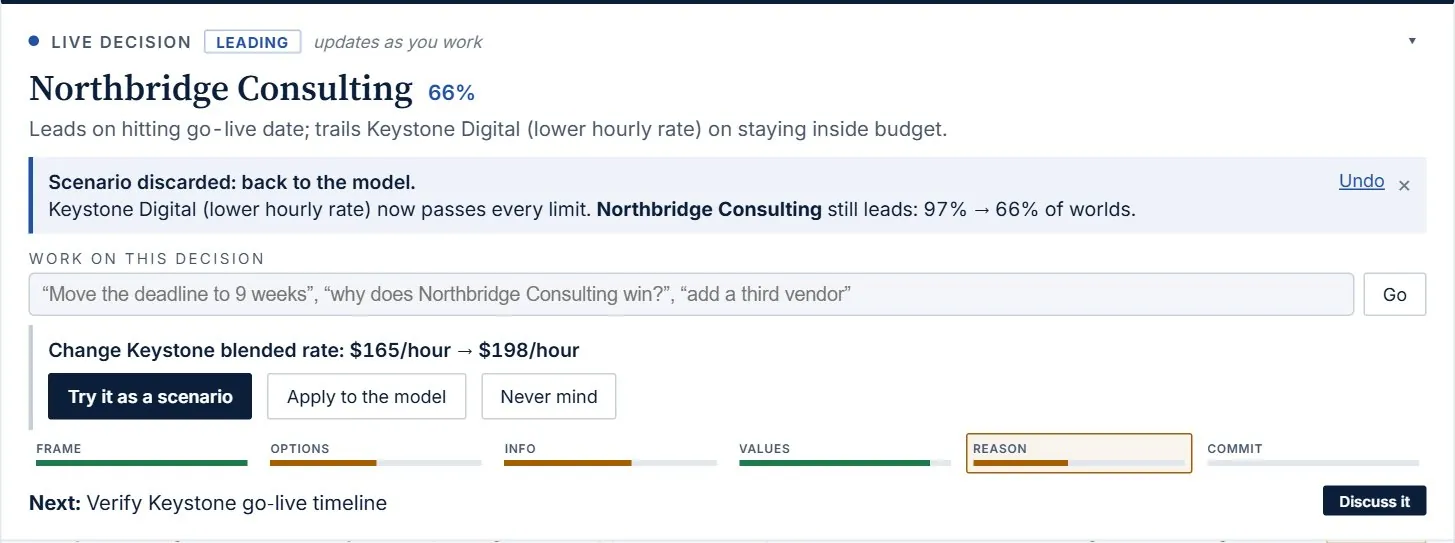 A request turned into a proposal: Change Keystone blended rate: $165/hour → $198/hour, with buttons Try it as a scenario, Apply to the model, Never mind