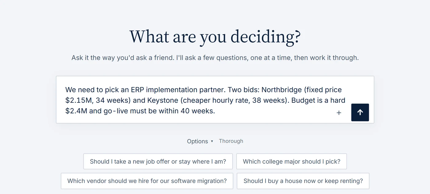 The Decision Wizard: one question box, with a typed ERP vendor question.